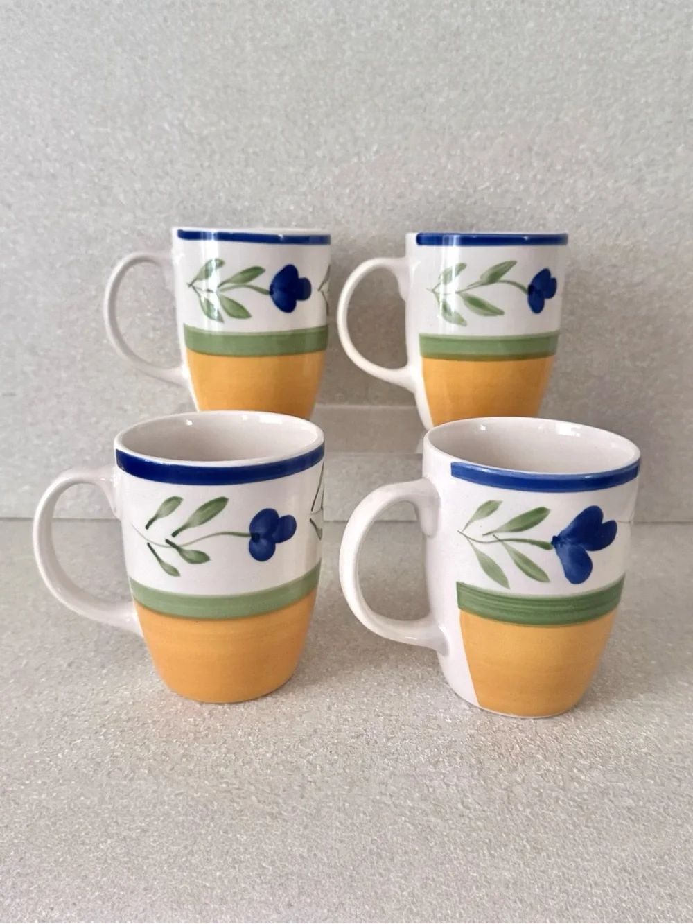 Vintage Pier 1 Hand Painted Floral Stoneware Mugs Yellow Green Blue Set of 4